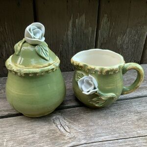 Vintage Cottagecore Whimsical Flower Rustic Forest Ceramic Creamer Sugar Set